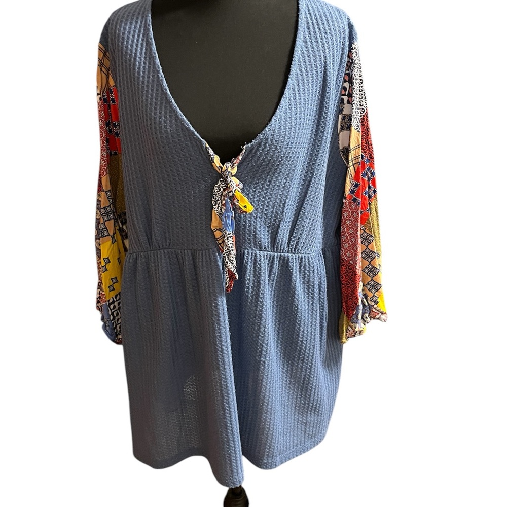 Blue Tunic with Patchwork Sleeve Blue Top
